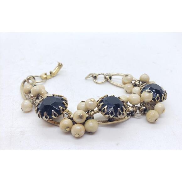 Vintage Bracelet Gold Tone Black Rhinestone dog tooth prong etched oval link - Picture 2 of 8